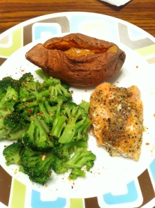 Last night's dinner. Salmon, sweet potato with pb, broccoli topped with Mrs. Dash